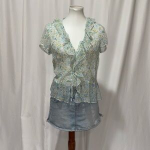 Taylor Light Blue Floral Ruffle-Front Blouse